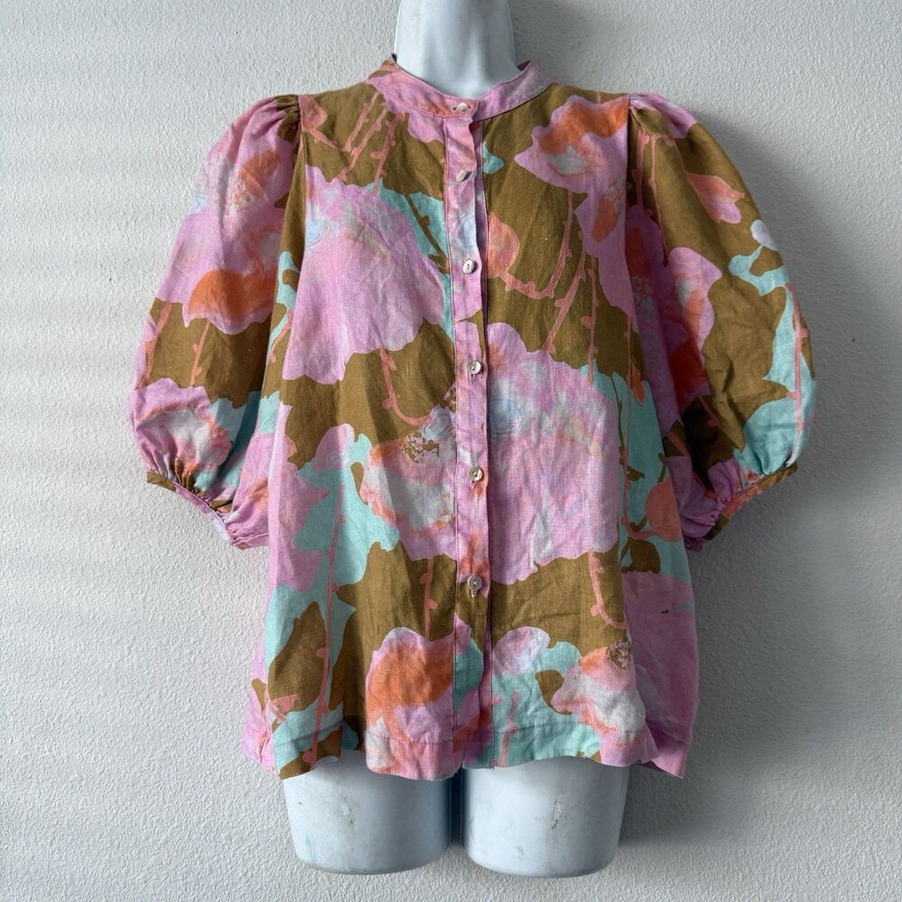 Lanhtropy Bubble Linen Shirt Floral Aquarela Pink Puff Sleeve Mao Neck Top M